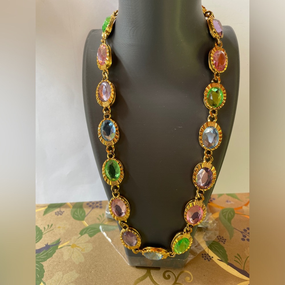 Stunning Gold-tone Pastel Austrian Crystal Multi Colored Necklace - 18” long